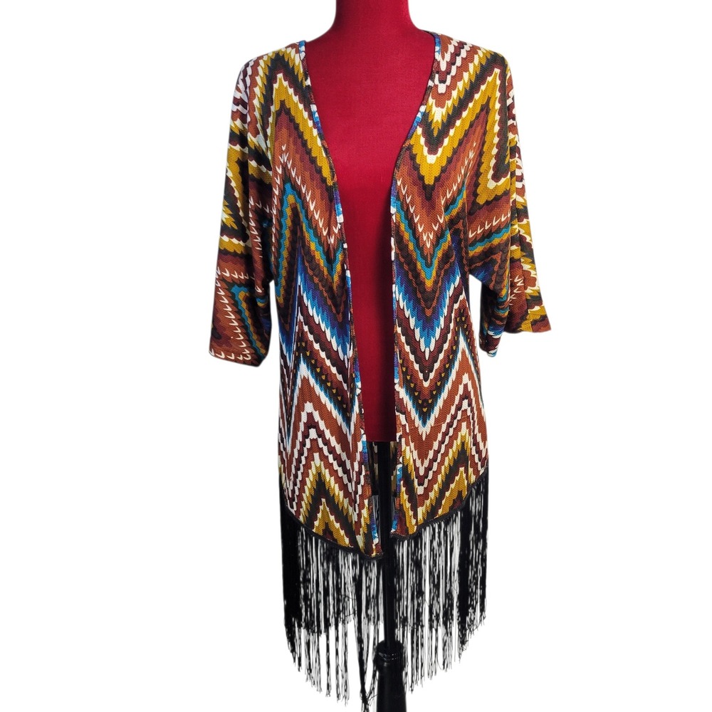 Liberty Love Womens‎ Chevron Fringe Kimono Cardigan Small Boho Zig Zag HG4517